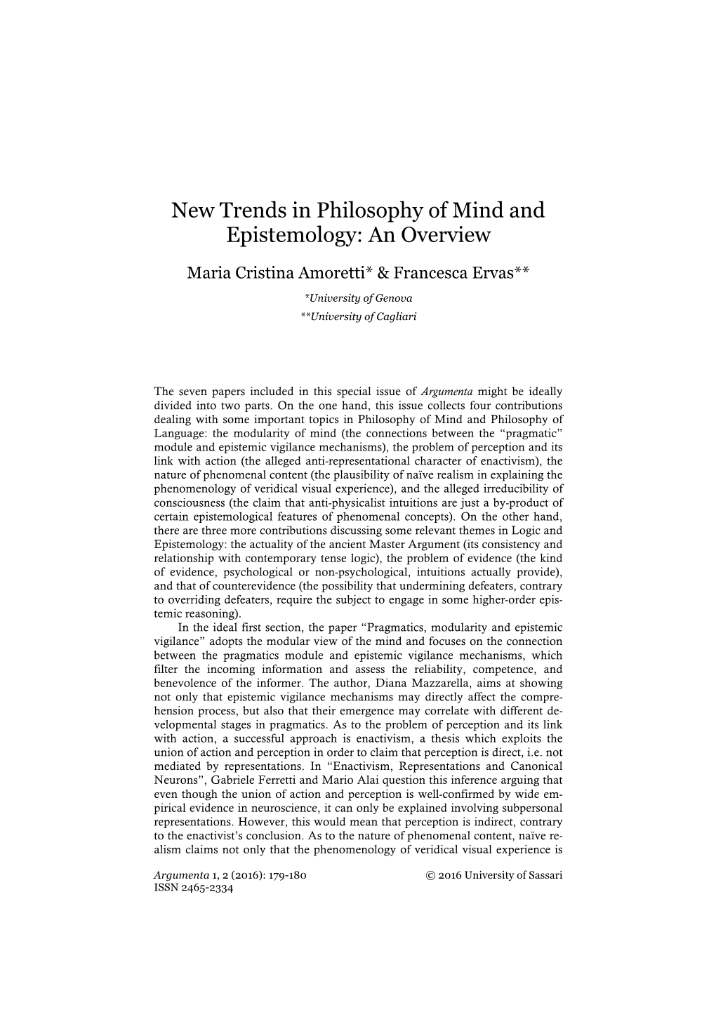 New Trends in Philosophy of Mind and Epistemology: an Overview