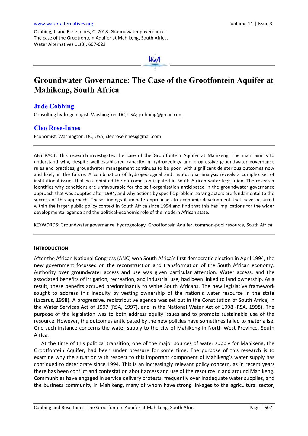 Groundwater Governance: the Case of the Grootfontein Aquifer at Mahikeng, South Africa