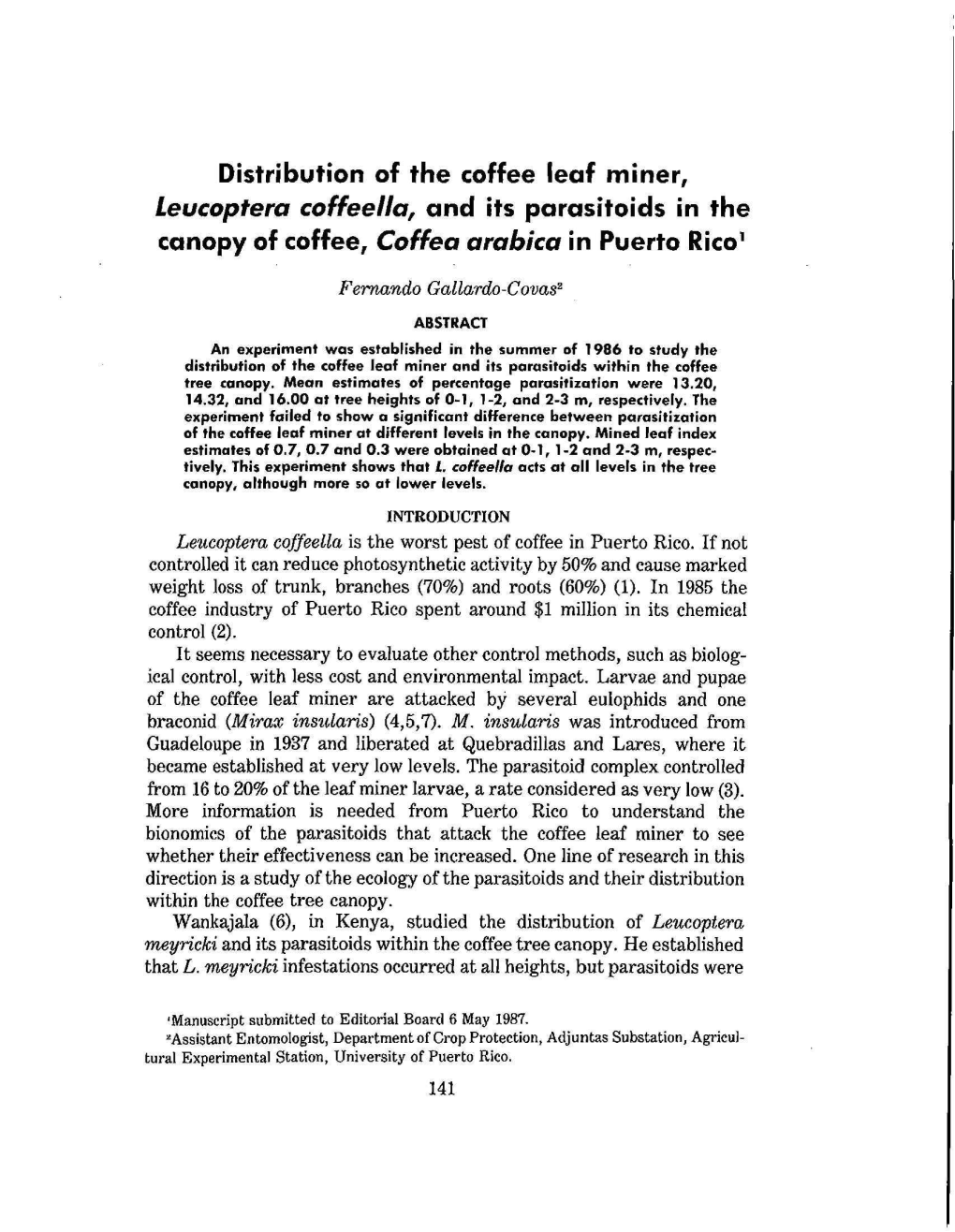 Distribution of the Coffee Leaf Miner, Leucoptera Coffeella, and Its Parasitoids in the Canopy of Coffee, Coffea Arábica in Puerto Rico1