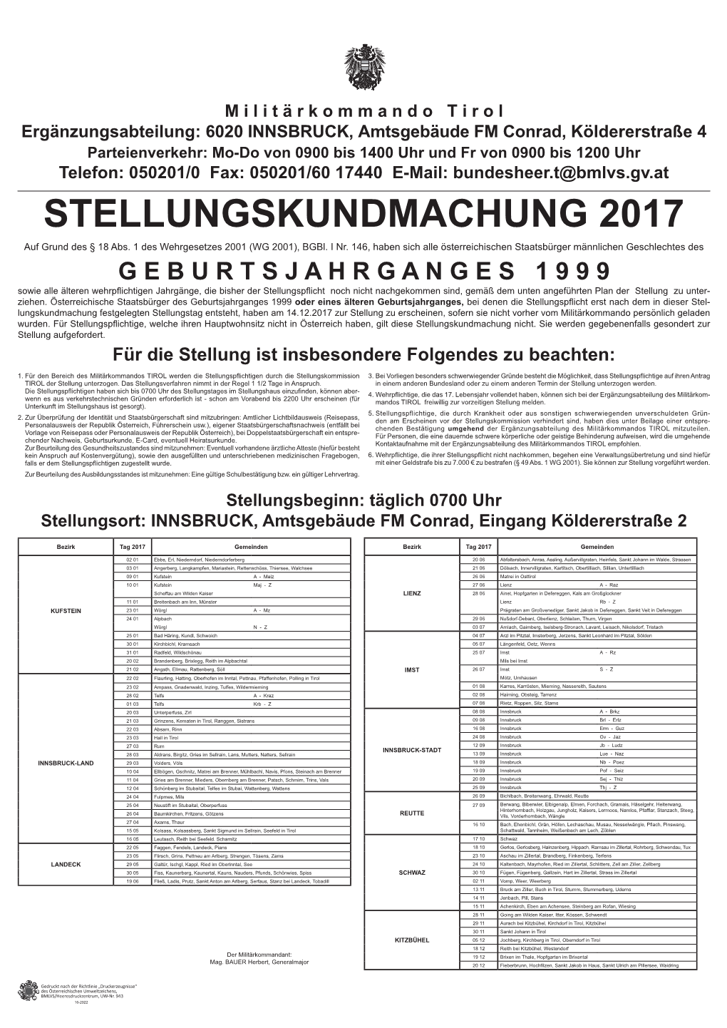 STELLUNGSKUNDMACHUNG 2017 Auf Grund Des § 18 Abs