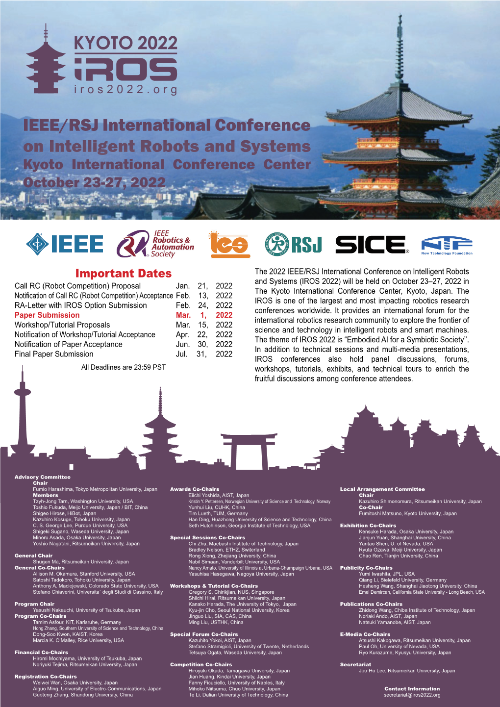 IEEE/RSJ International Conference on Intelligent Robots and Systems (IROS 2022) Will Be Held on October 23–27, 2022 in Call RC (Robot Competition) Proposal Jan