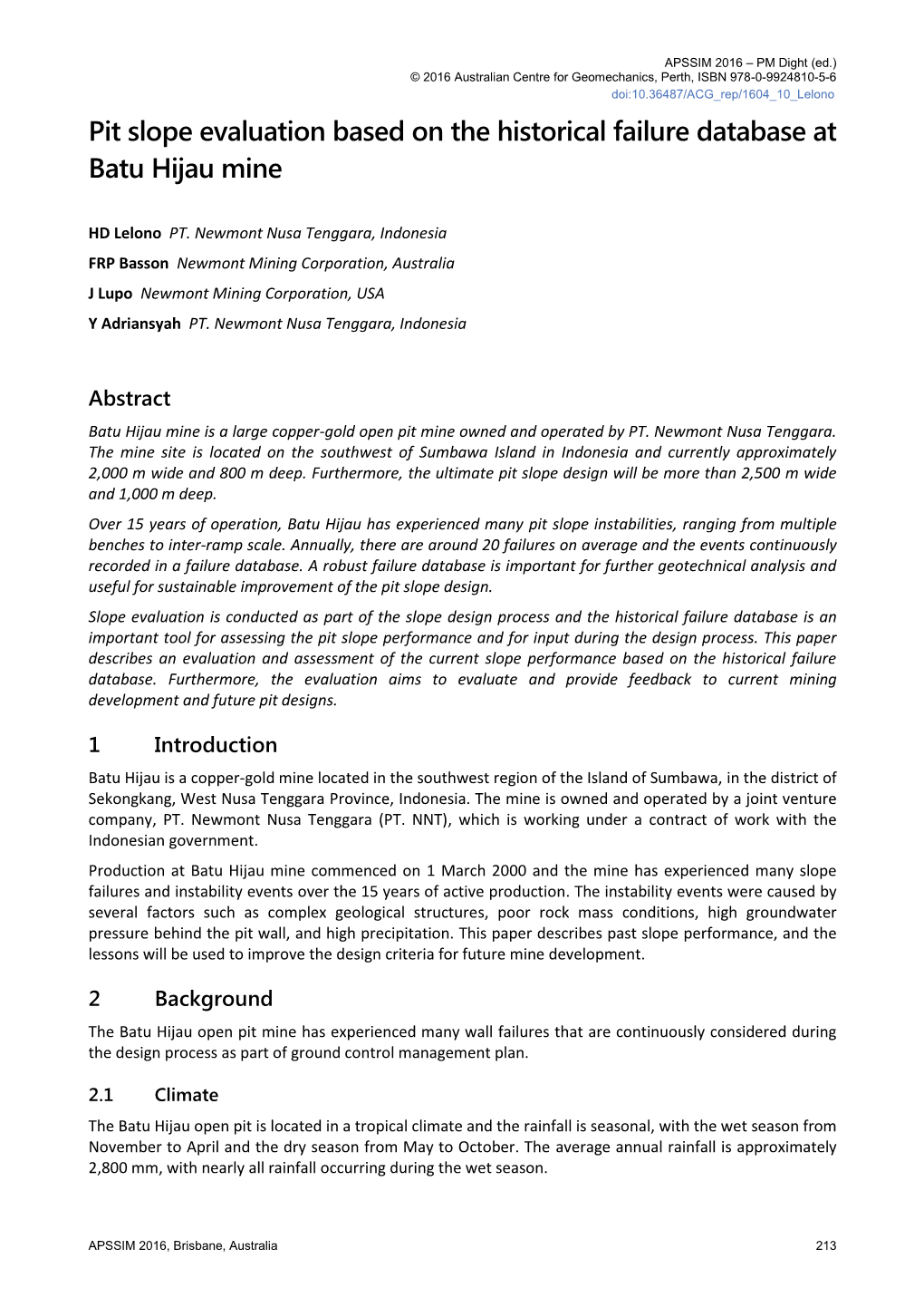 Pit Slope Evaluation Based on the Historical Failure Database at Batu Hijau Mine