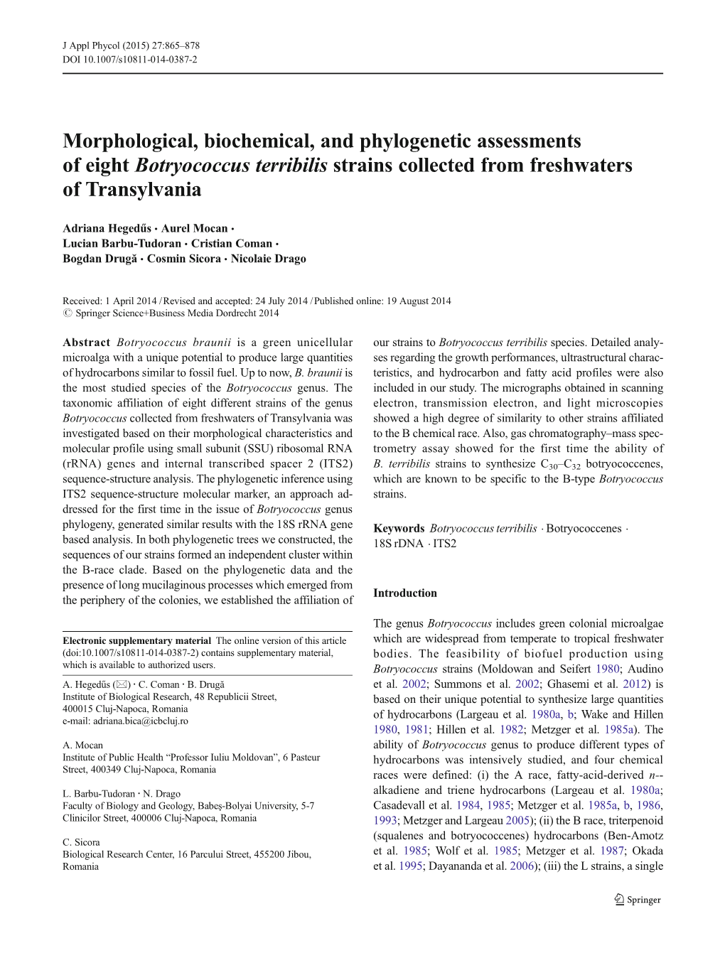 Morphological, Biochemical, and Phylogenetic Assessments of Eight Botryococcus Terribilis Strains Collected from Freshwaters of Transylvania