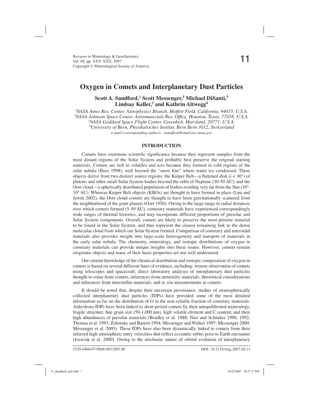 Oxygen in Comets and Interplanetary Dust Particles Scott A