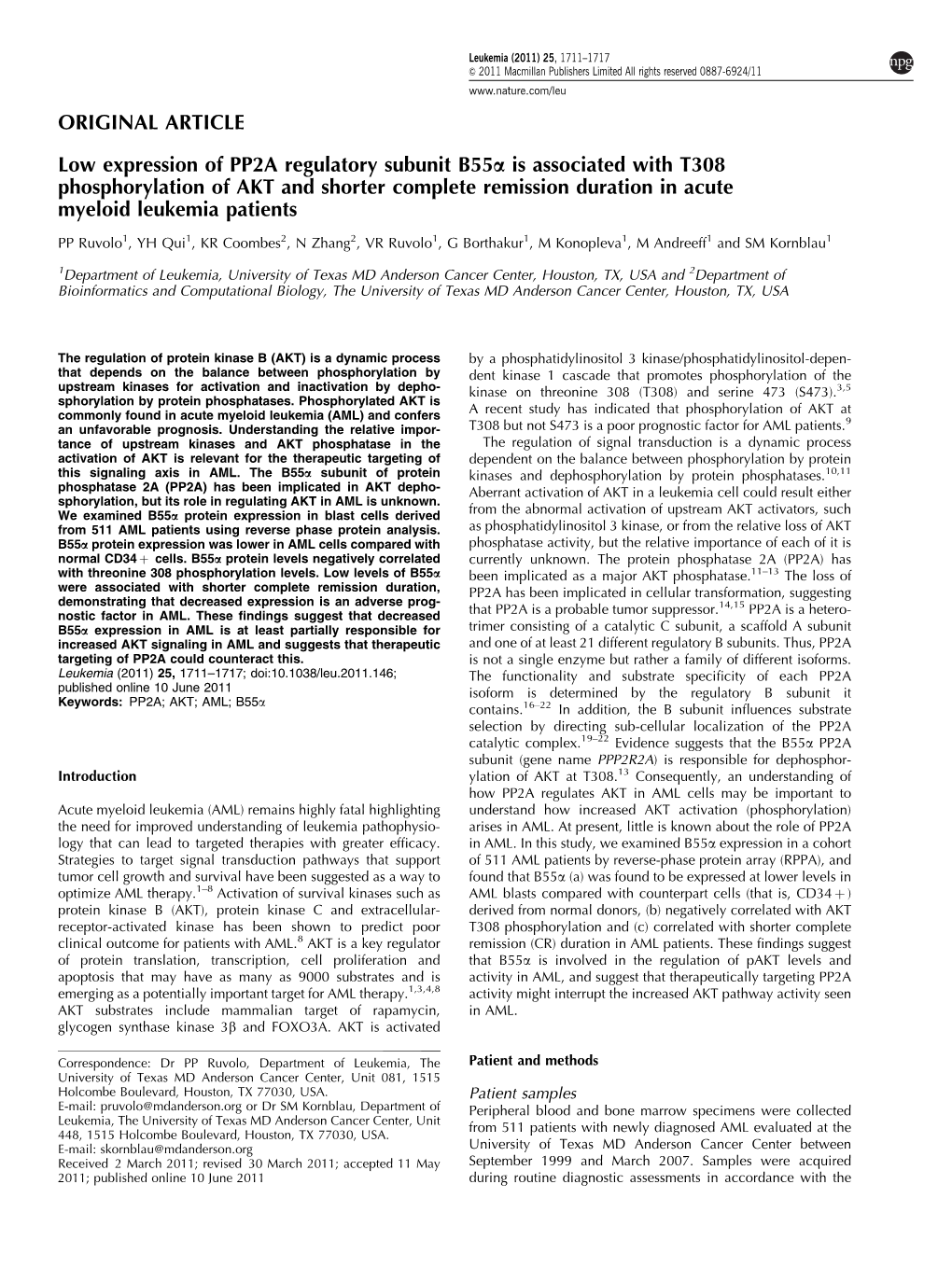 Low Expression of PP2A Regulatory Subunit B55&Alpha