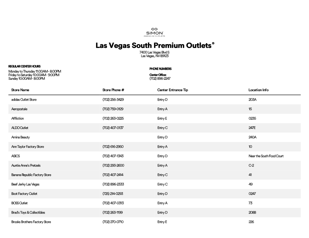 Complete List of Stores Located at Las Vegas South Premium Outlets