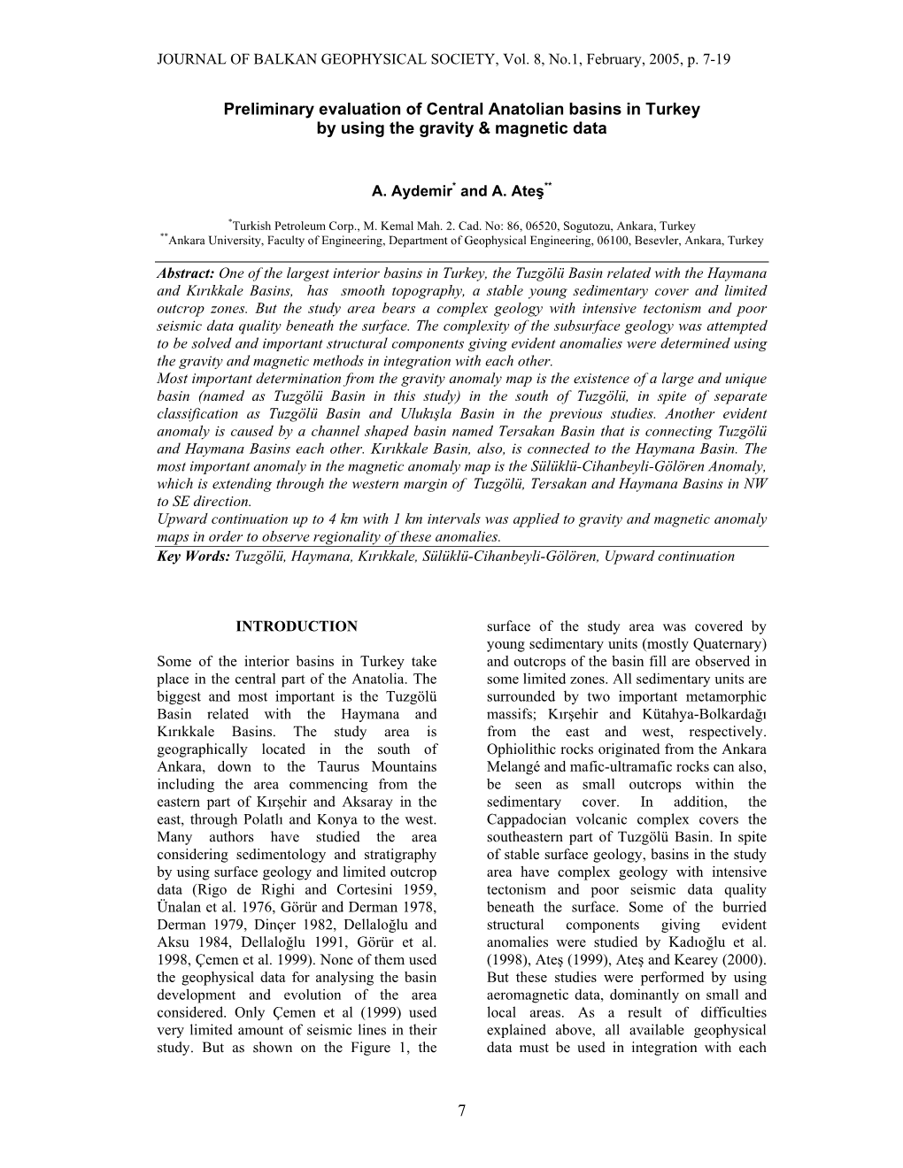 7 Preliminary Evaluation of Central Anatolian Basins in Turkey by Using the Gravity & Magnetic Data