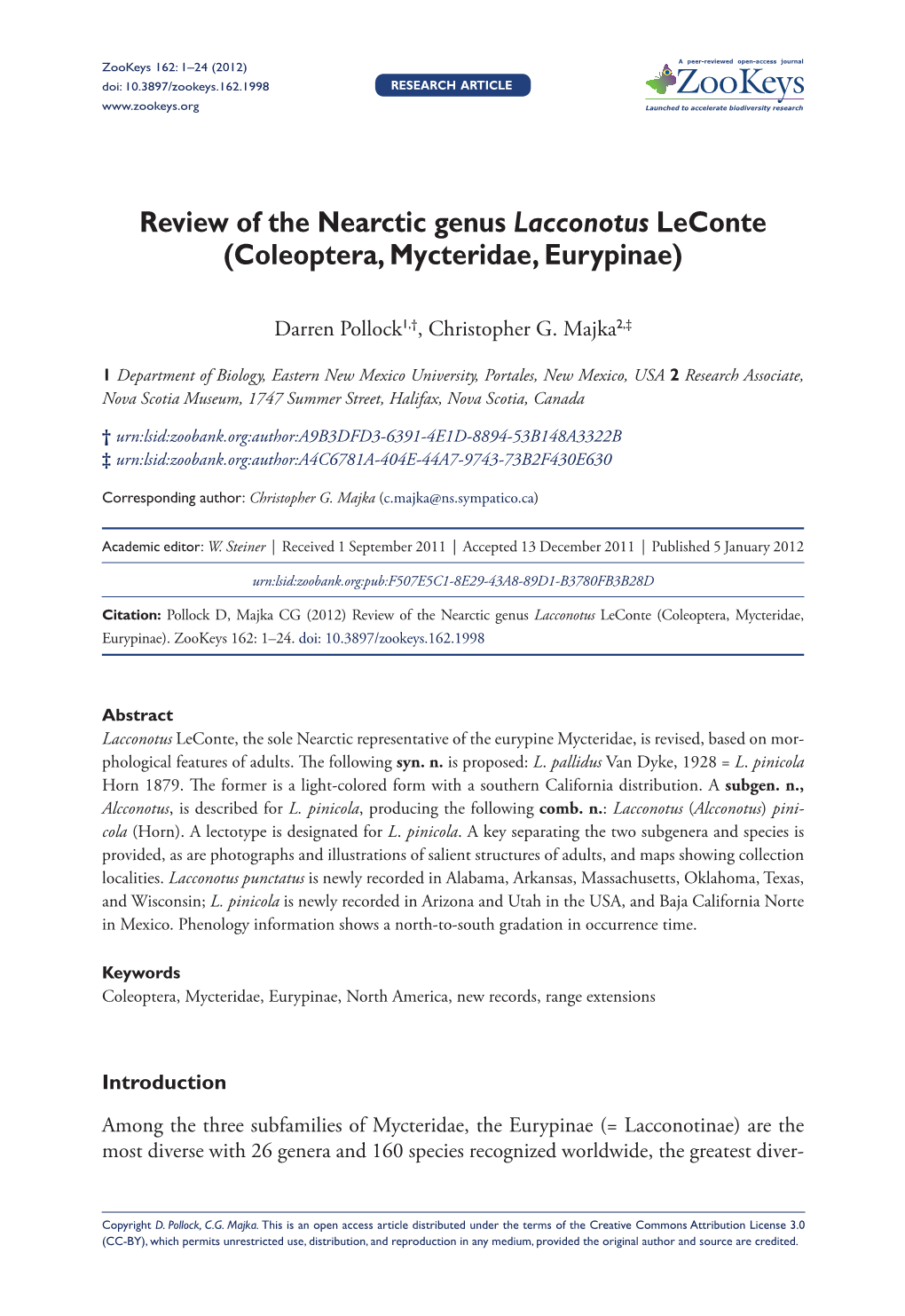 Coleoptera, Mycteridae, Eurypinae) 1 Doi: 10.3897/Zookeys.162.1998 Research Article Launched to Accelerate Biodiversity Research