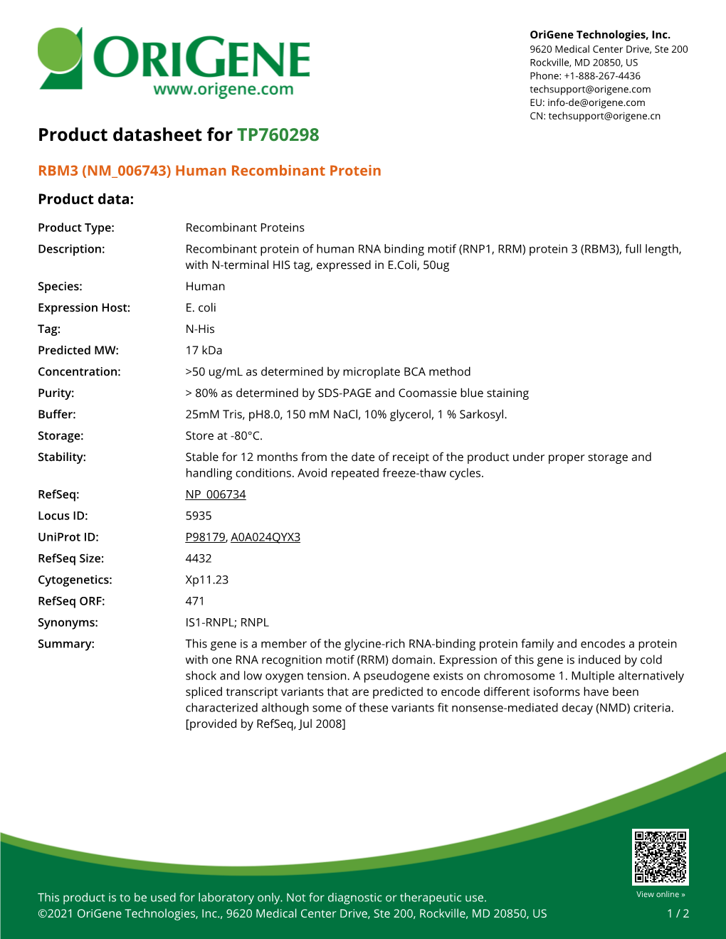 RBM3 (NM 006743) Human Recombinant Protein Product Data