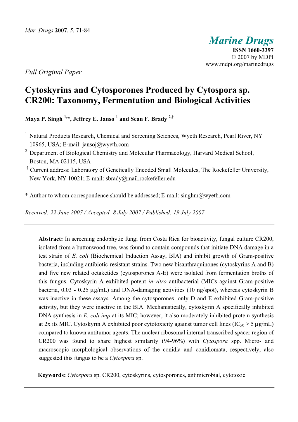 Cytoskyrins and Cytosporones Produced by Cytospora Sp