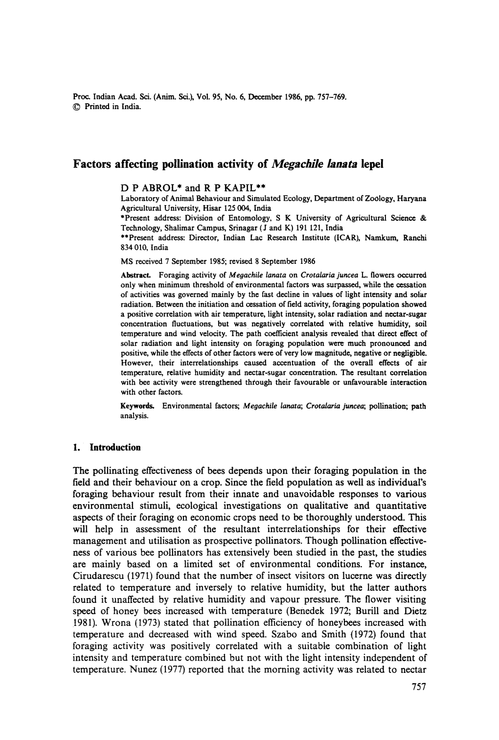 Factors Affecting Pollination Activity of Megachile Lanata Lepel