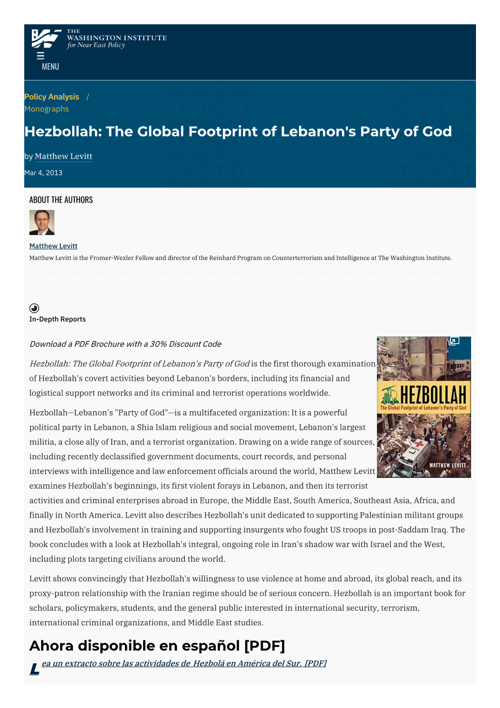 Hezbollah: the Global Footprint of Lebanon's Party of God by Matthew Levitt