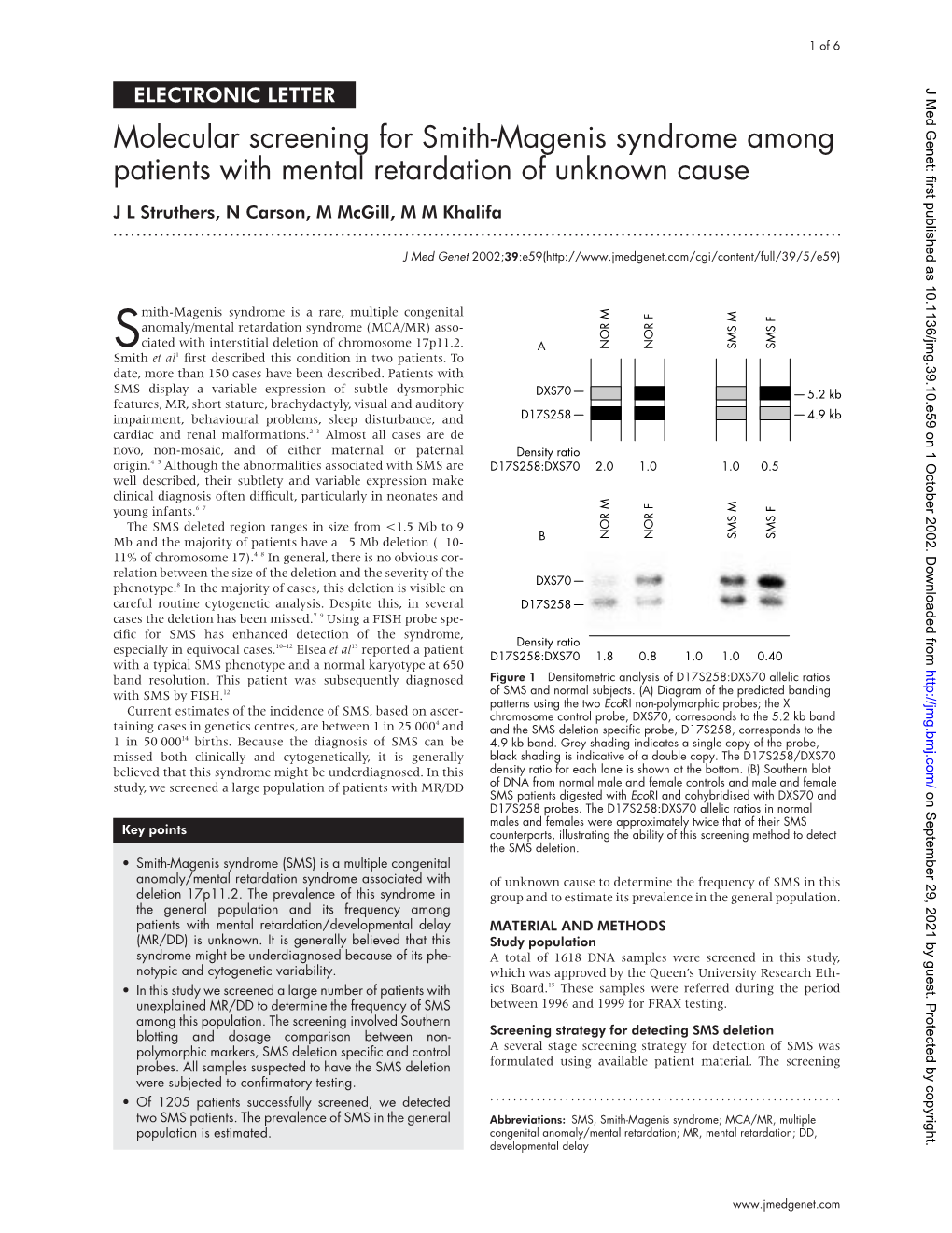 Molecular Screening for Smith-Magenis Syndrome Among Patients with Mental Retardation of Unknown Cause J L Struthers, N Carson, M Mcgill, M M Khalifa