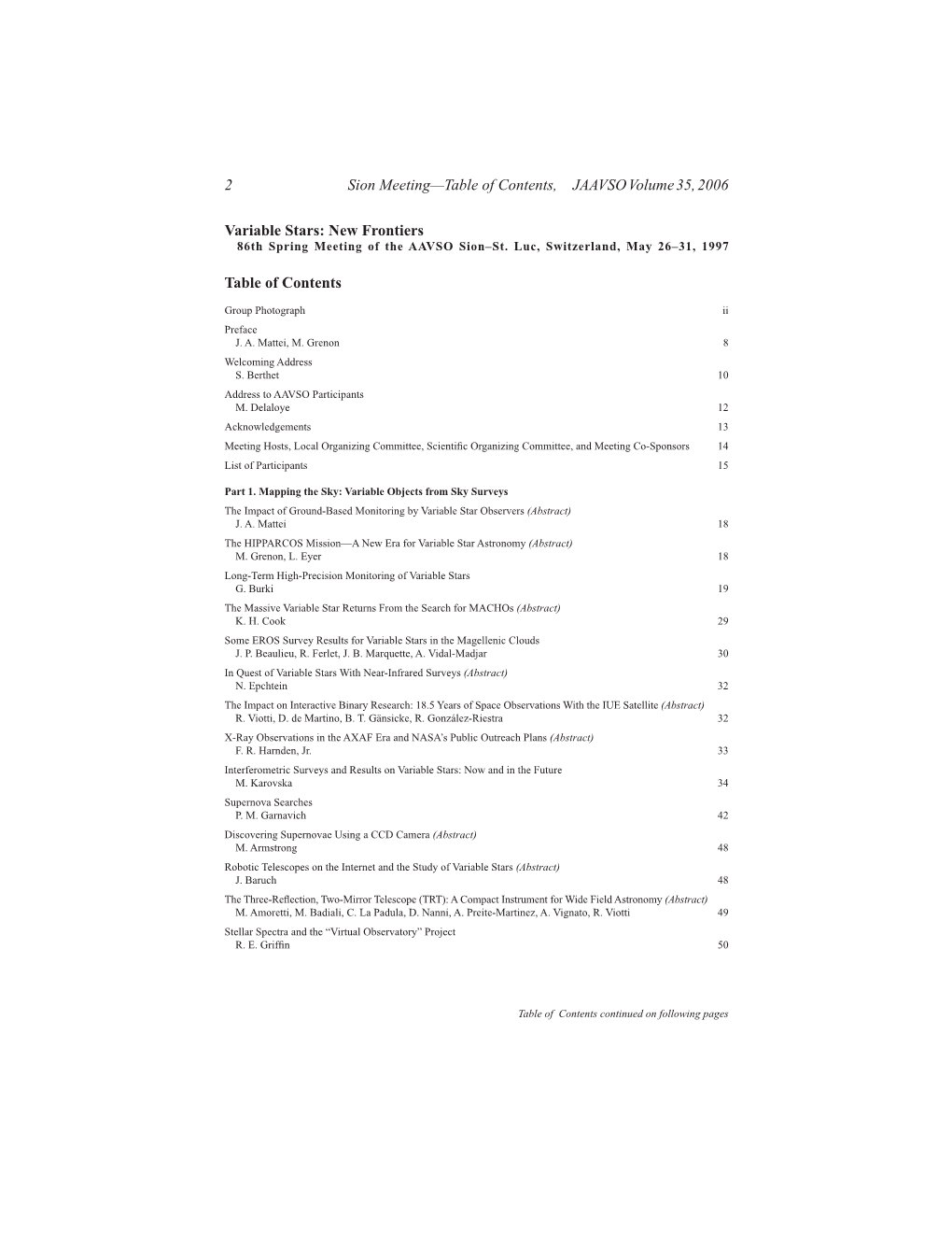 Sion Meeting—Table of Contents, JAAVSO Volume 35, 2006