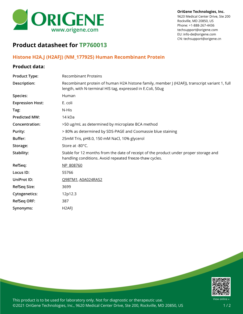Histone H2A.J (H2AFJ) (NM 177925) Human Recombinant Protein Product Data