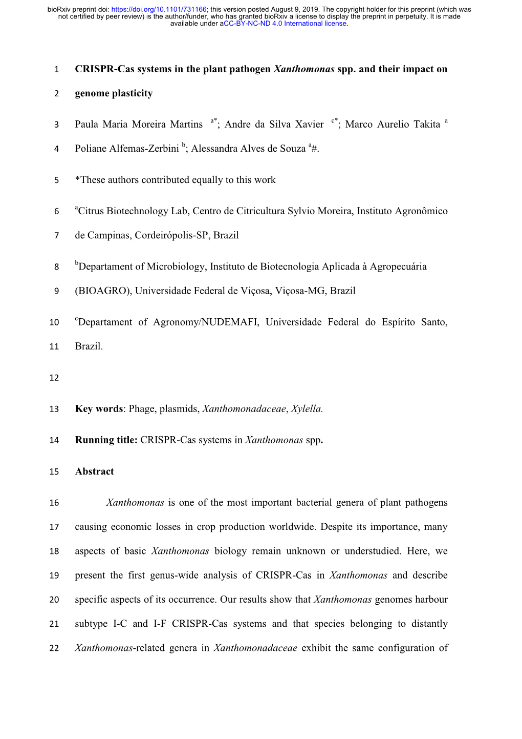 CRISPR-Cas Systems in the Plant Pathogen Xanthomonas Spp