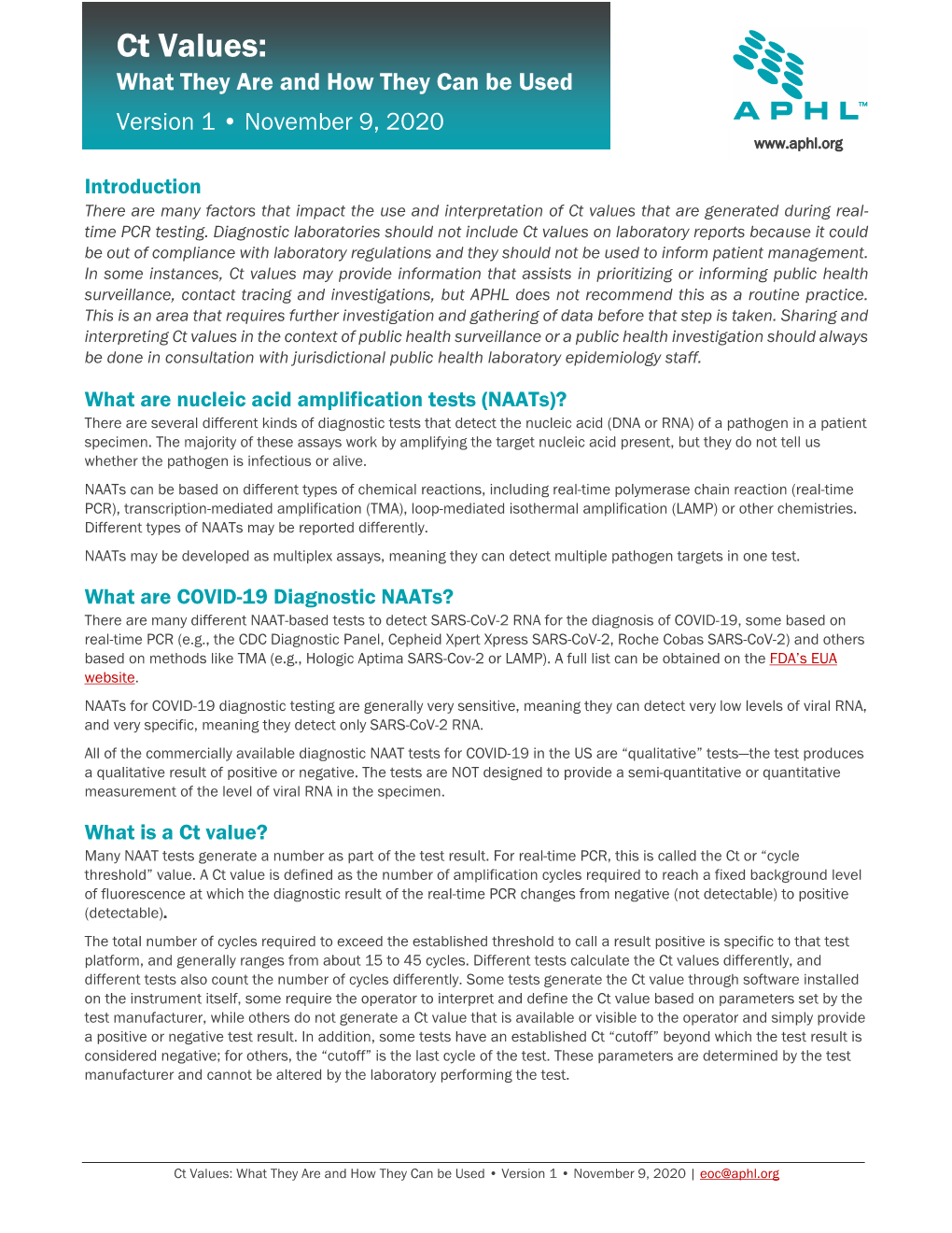 Ct Values: What They Are and How They Can Be Used Version 1 • November 9, 2020