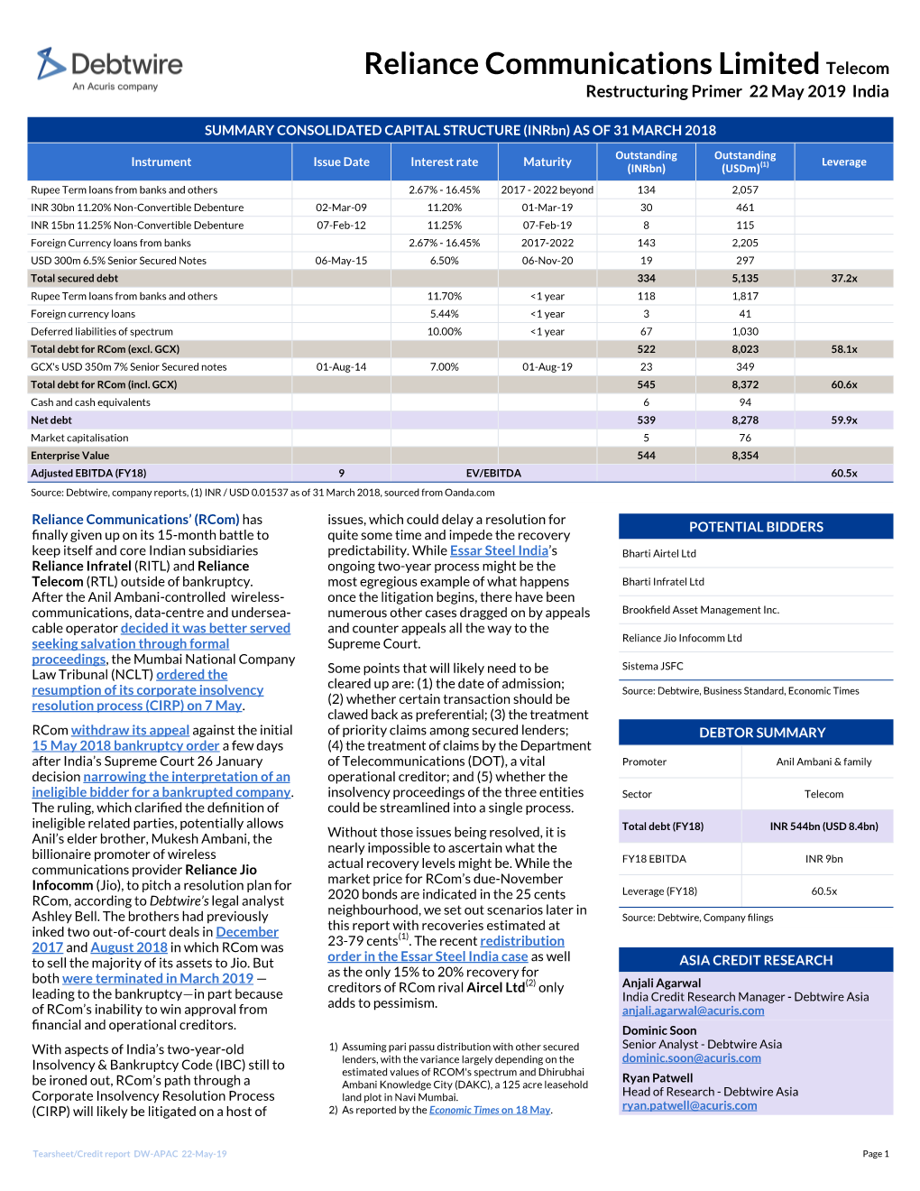 Reliance Communications Limited Telecom Restructuring Primer 22 May 2019 India