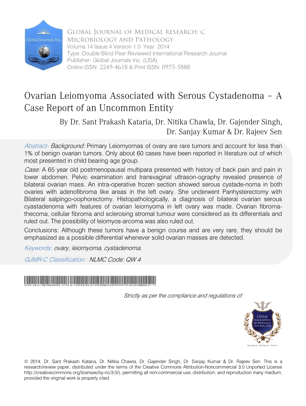Ovarian Leiomyoma Associated with Serous Cystadenoma – a Case Report of an Uncommon Entity by Dr