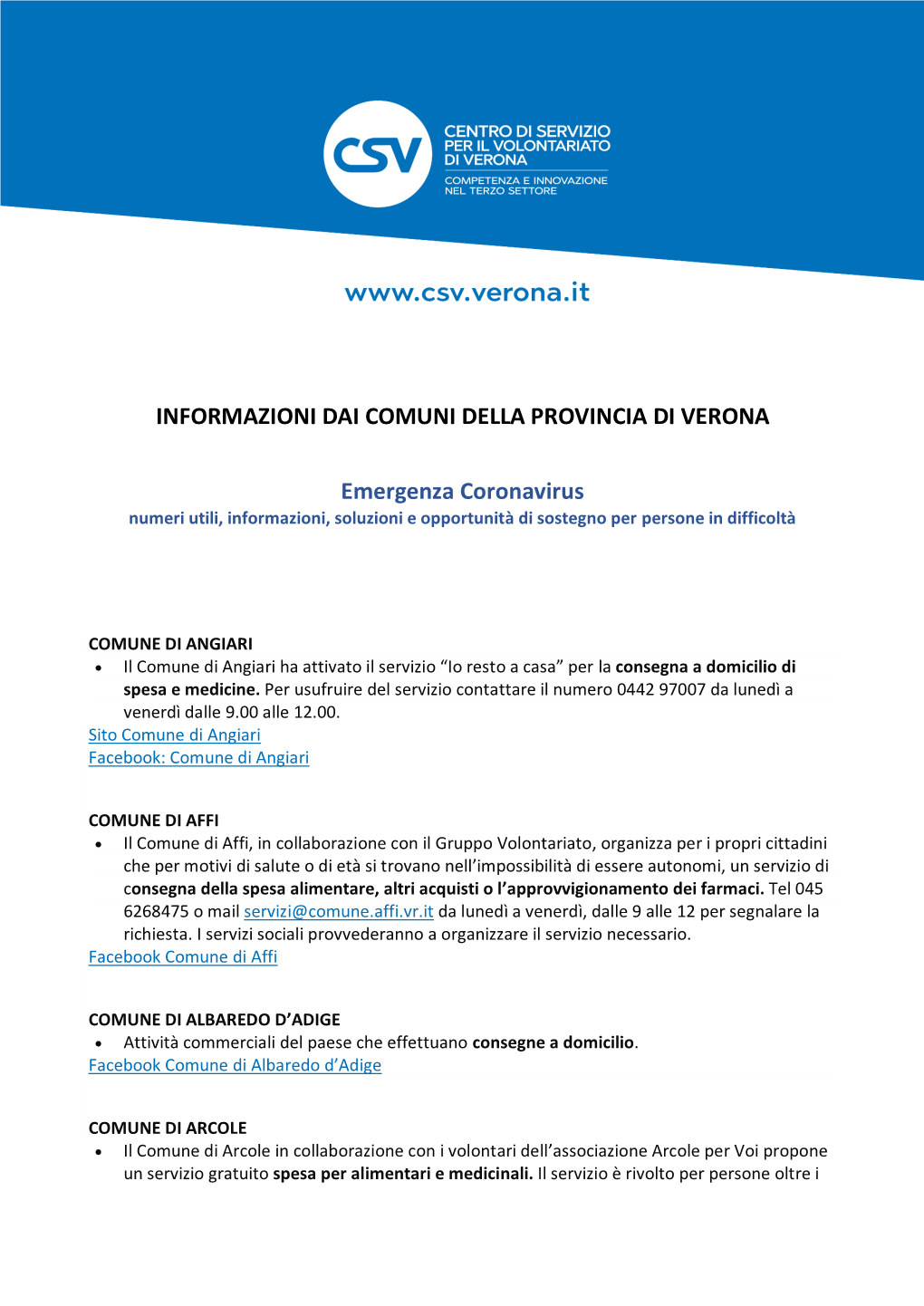 Informazioni Dai Comuni Della Provincia Di Verona