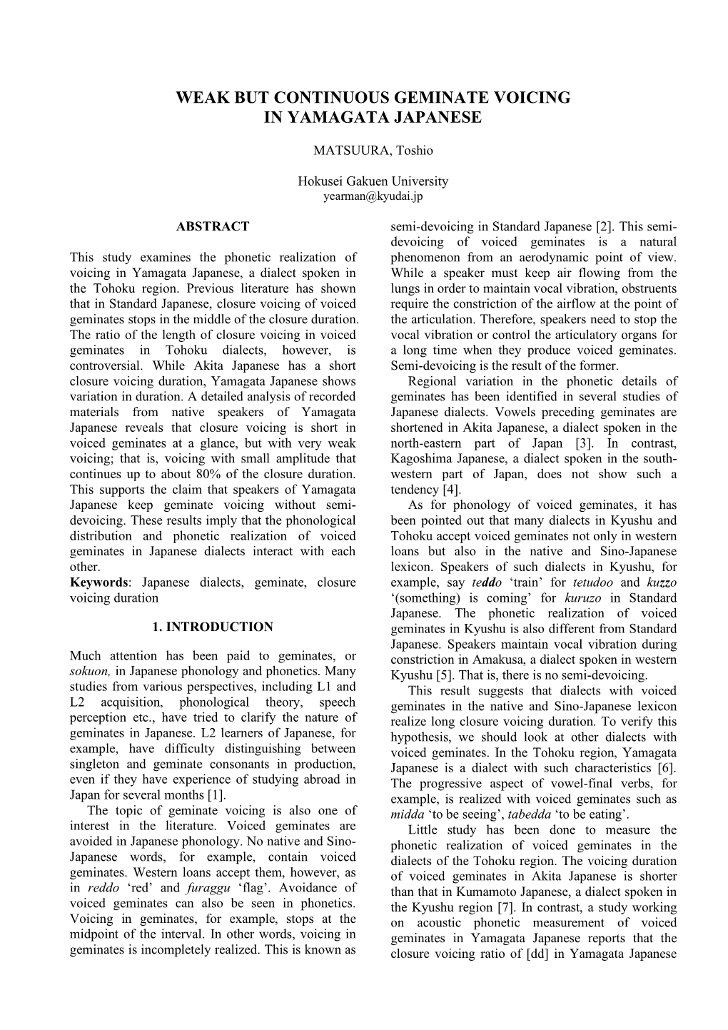 Weak but Continuous Geminate Voicing in Yamagata Japanese