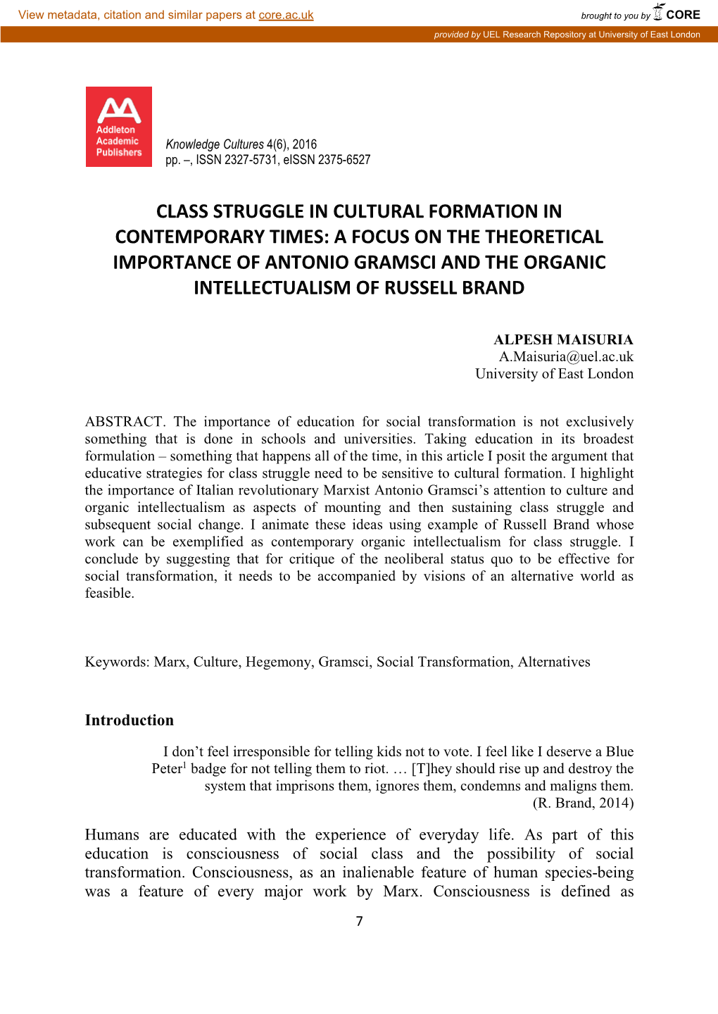 Class Struggle in Cultural Formation in Contemporary