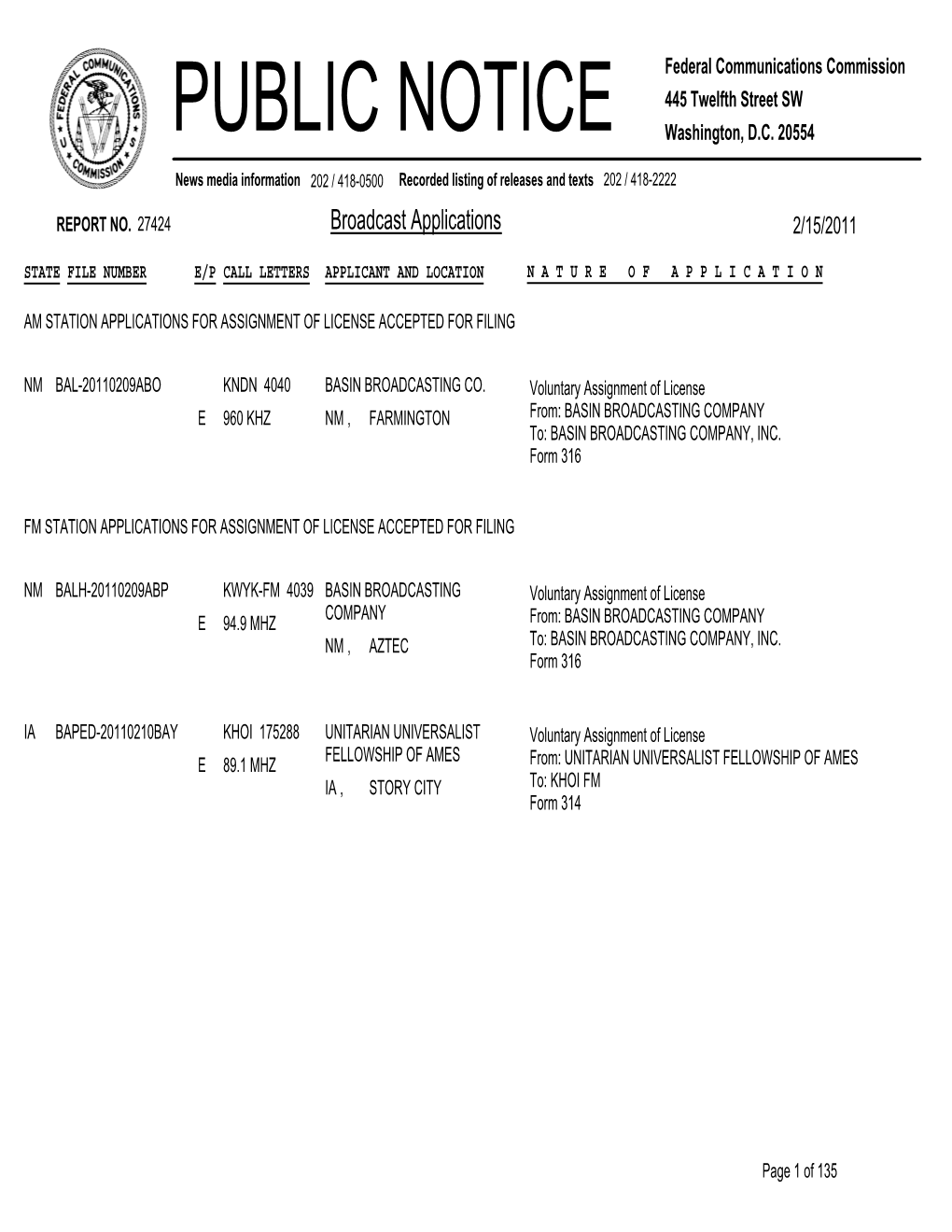 Broadcast Applications 2/15/2011