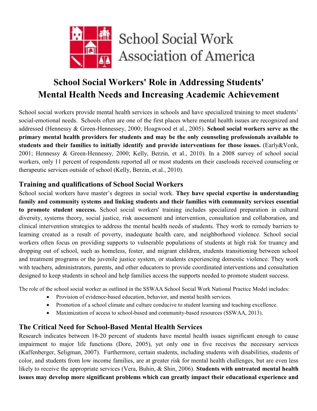 School Social Workers' Role in Addressing Students' Mental Health Needs and Increasing Academic Achievement