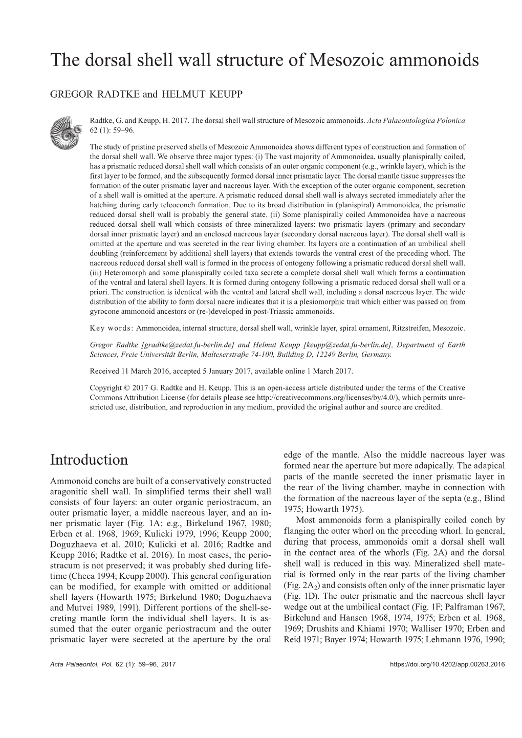 The Dorsal Shell Wall Structure of Mesozoic Ammonoids