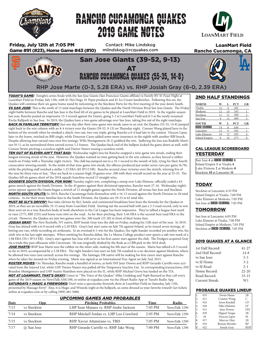 Rancho Cucamonga Quakes 2019 Game Notes