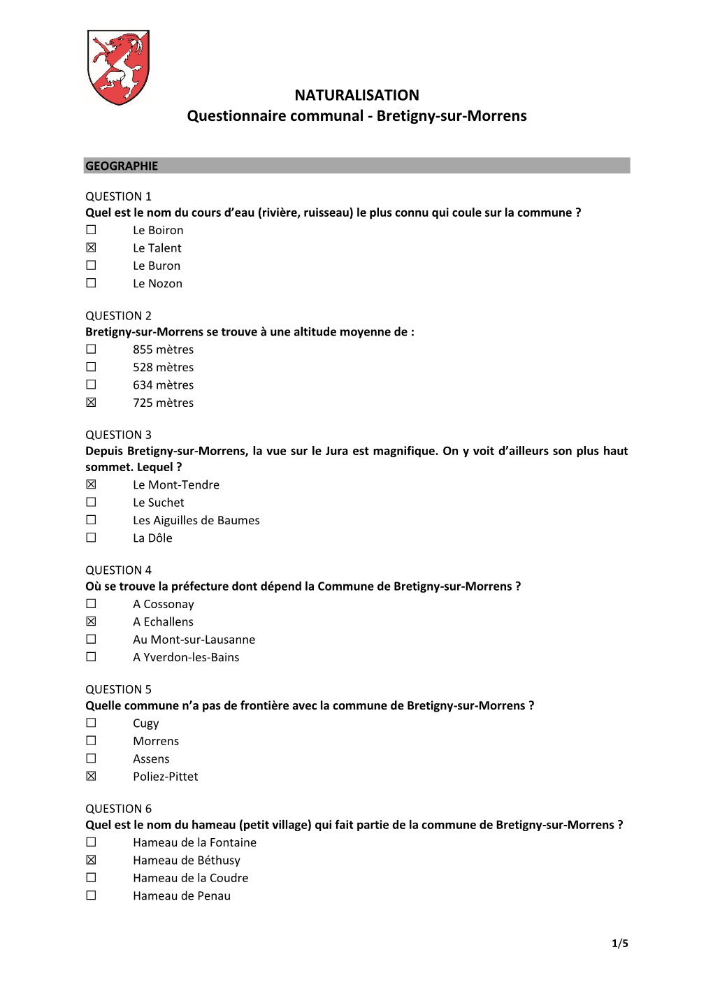 NATURALISATION Questionnaire Communal - Bretigny-Sur-Morrens