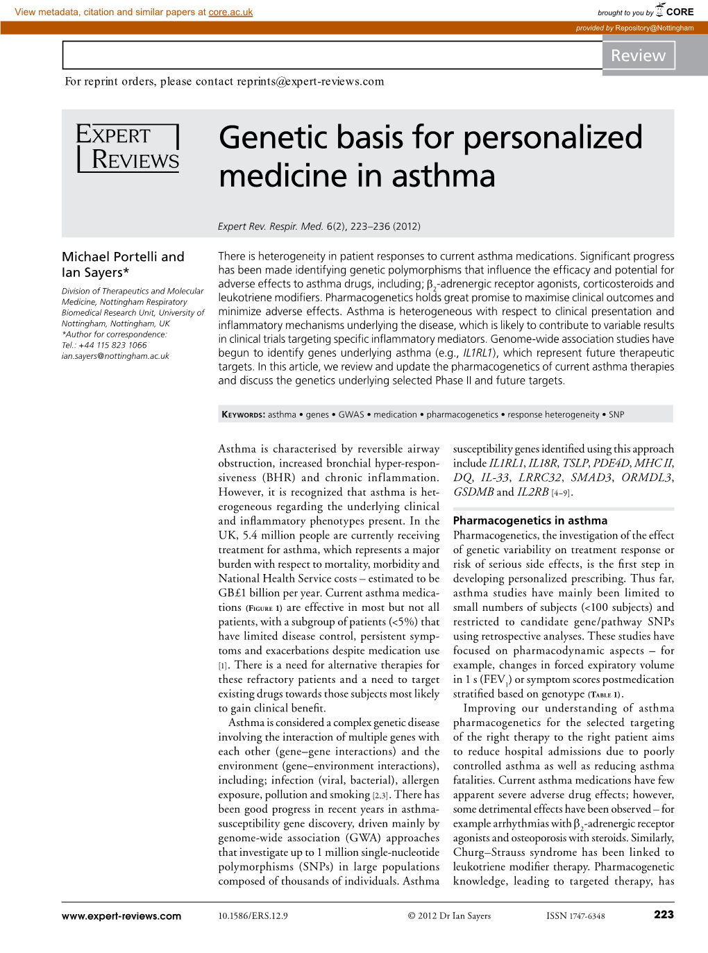 Genetic Basis for Personalized Medicine in Asthma