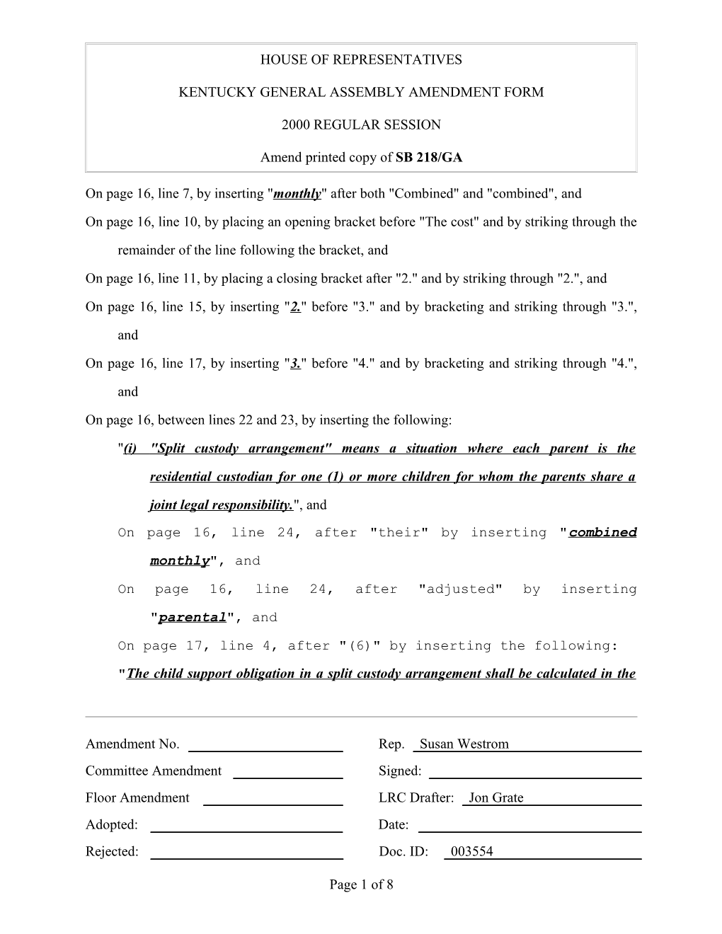 Kentucky General Assembly Amendment Form