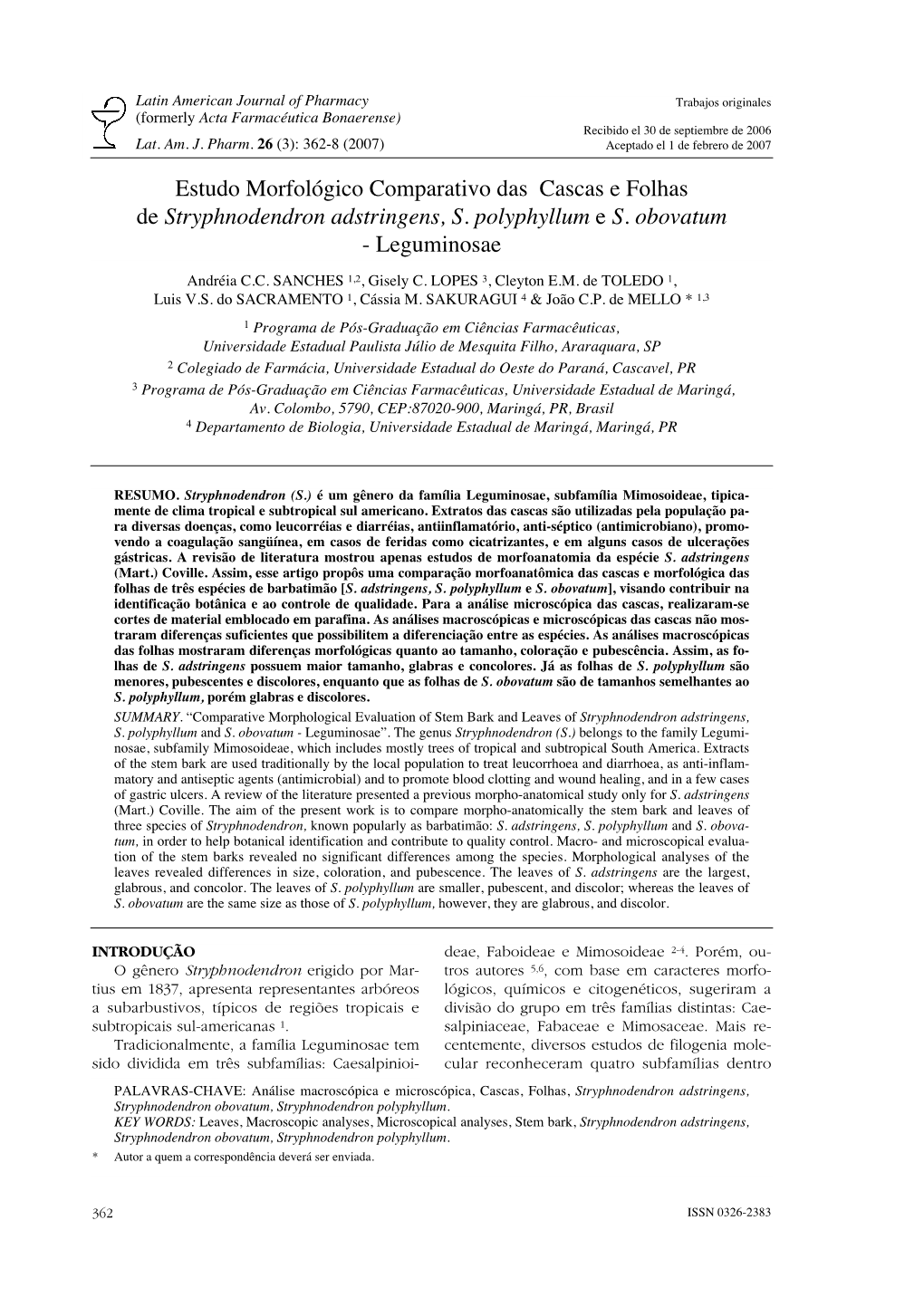 Estudo Morfológico Comparativo Das Cascas E Folhas De Stryphnodendron Adstringens, S