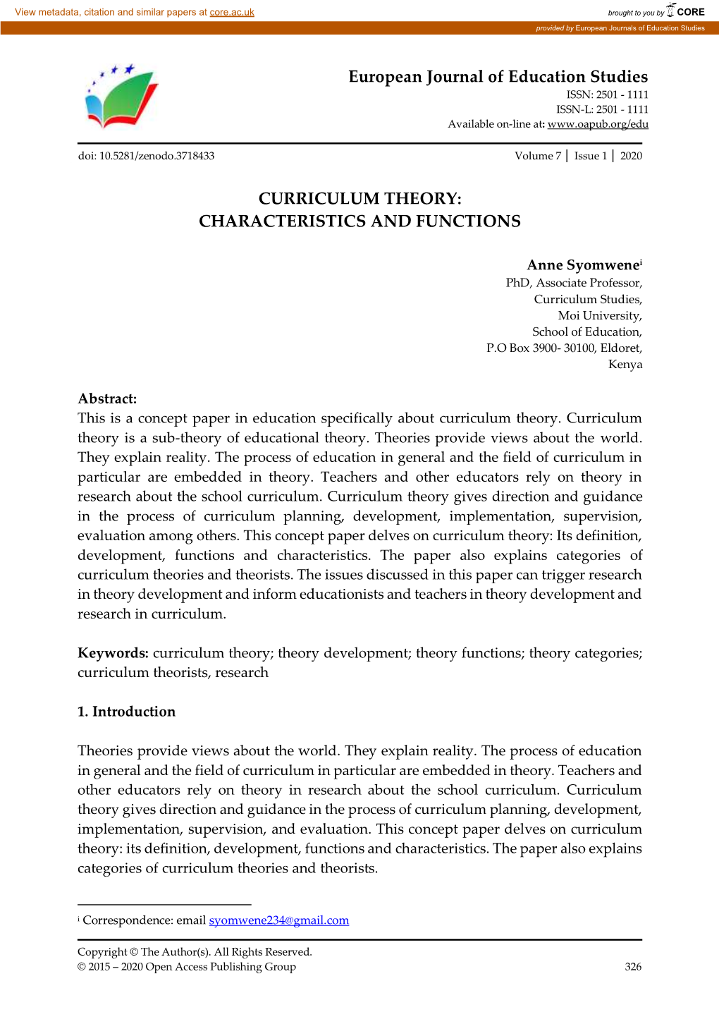 European Journal of Education Studies CURRICULUM THEORY