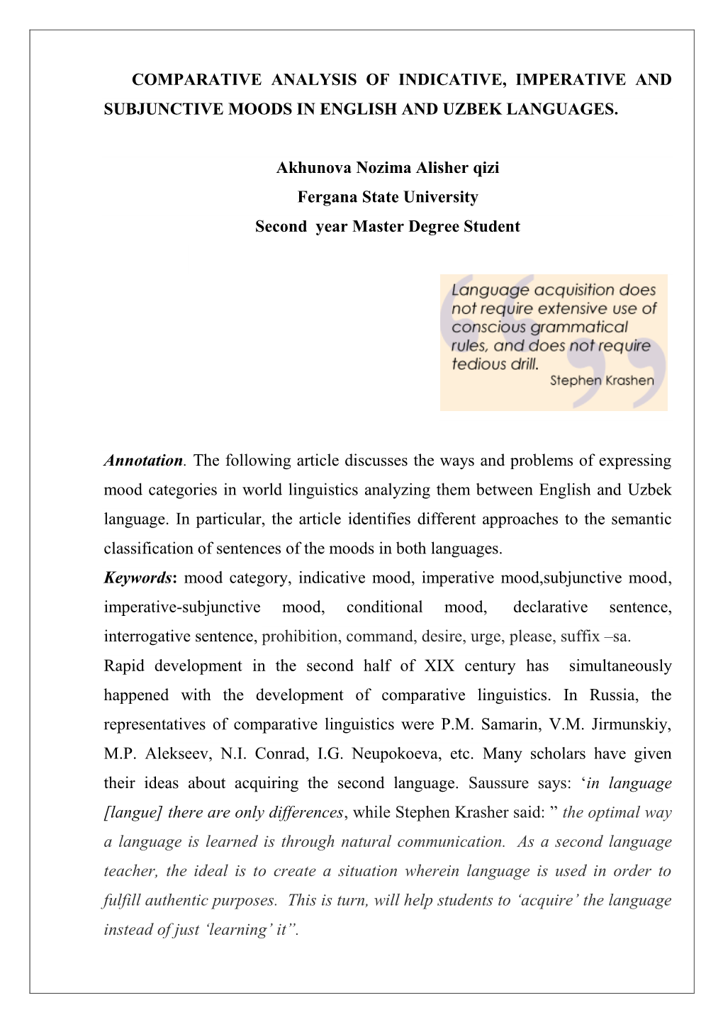 Comparative Analysis of Indicative, Imperative and Subjunctive Moods in English and Uzbek Languages