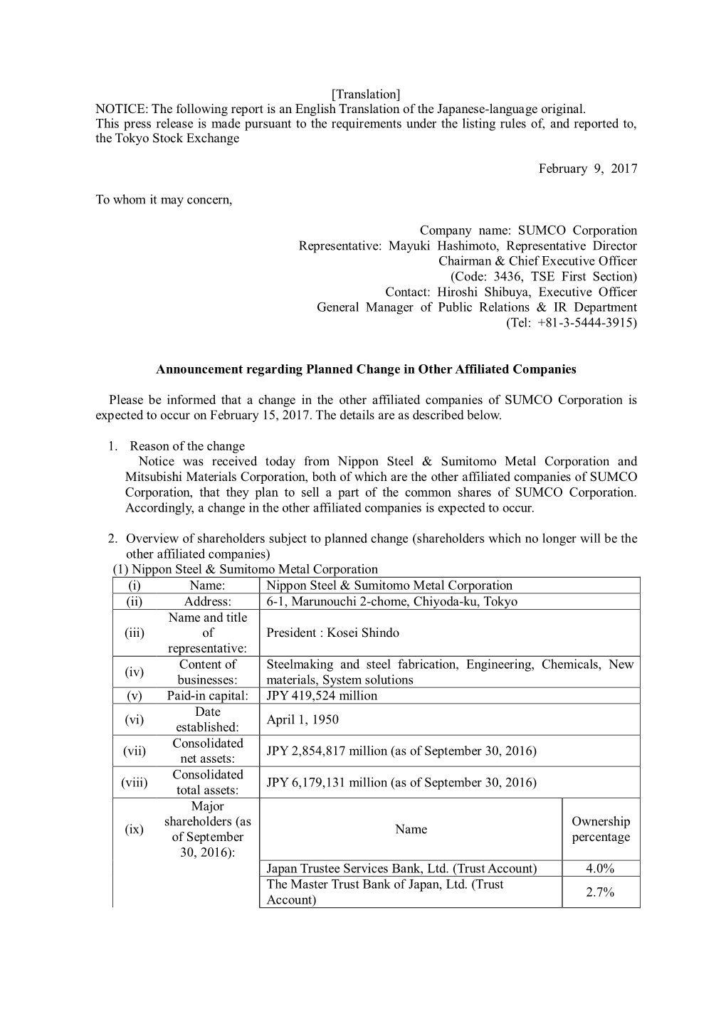 SUMCO (3436) Announcement Regarding Planned Change in Other Affiliated Companies