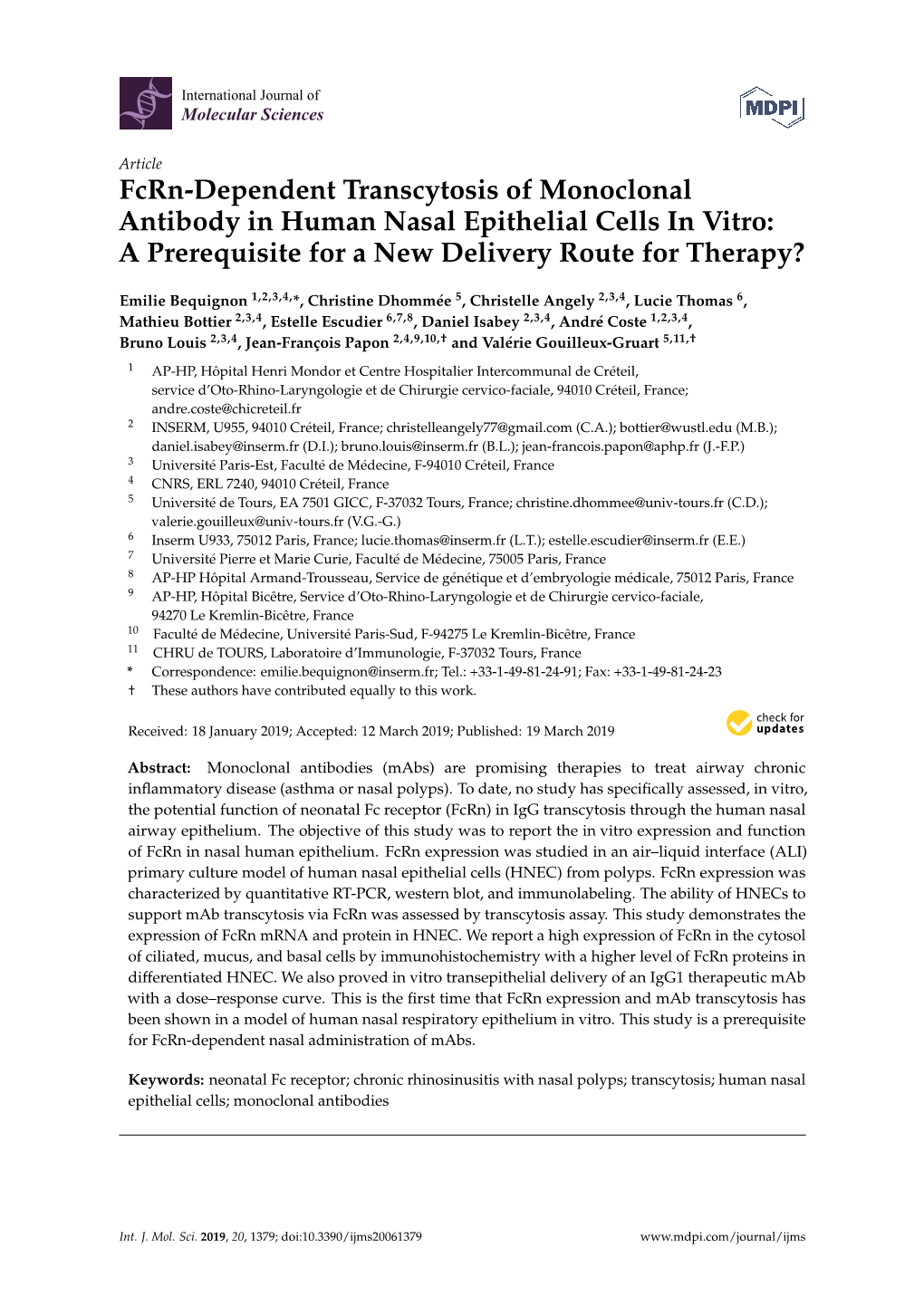 Fcrn-Dependent Transcytosis of Monoclonal Antibody in Human Nasal Epithelial Cells in Vitro: a Prerequisite for a New Delivery Route for Therapy?