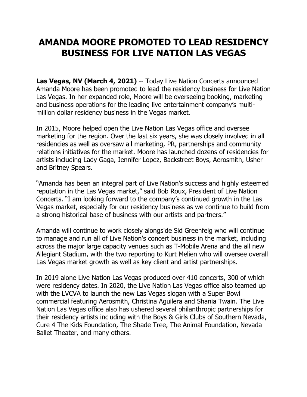 Amanda Moore Promoted to Lead Residency Business for Live Nation Las Vegas