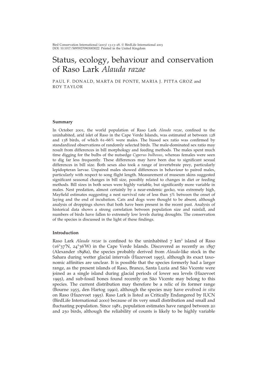 Status, Ecology, Behaviour and Conservation of Raso Lark Alauda Razae