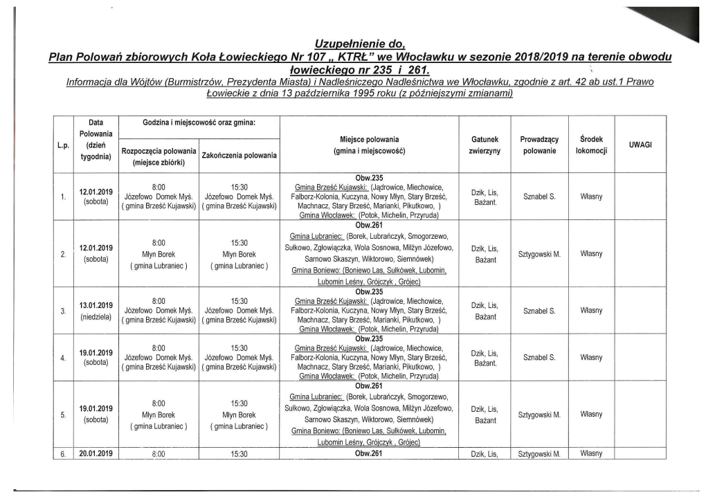 Uzupelnienie Do, Plan Polowafl Zbiorowvch Kola T.Owieckiego Nr 107