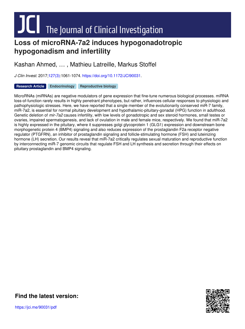 Loss of Microrna-7A2 Induces Hypogonadotropic Hypogonadism and Infertility