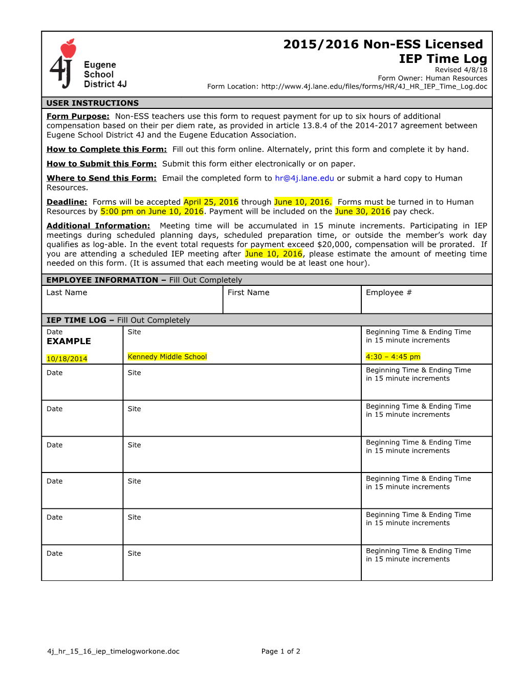 4J Hr 15 16 Iep Timelogworkone Page 1 of 2