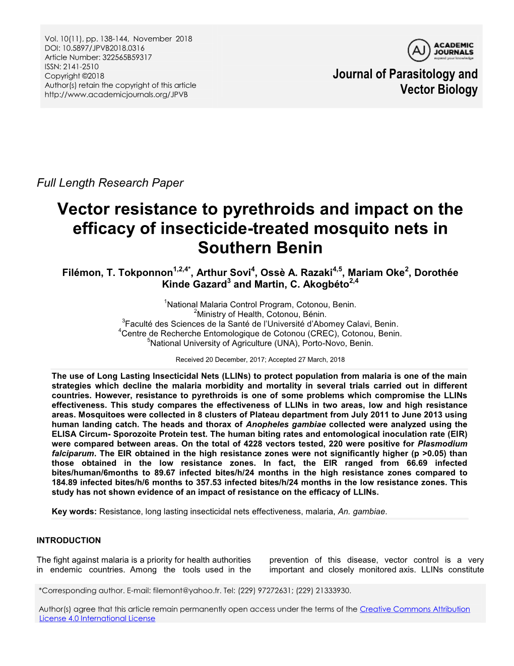 Vector Resistance to Pyrethroids and Impact on the Efficacy of Insecticide-Treated Mosquito Nets in Southern Benin