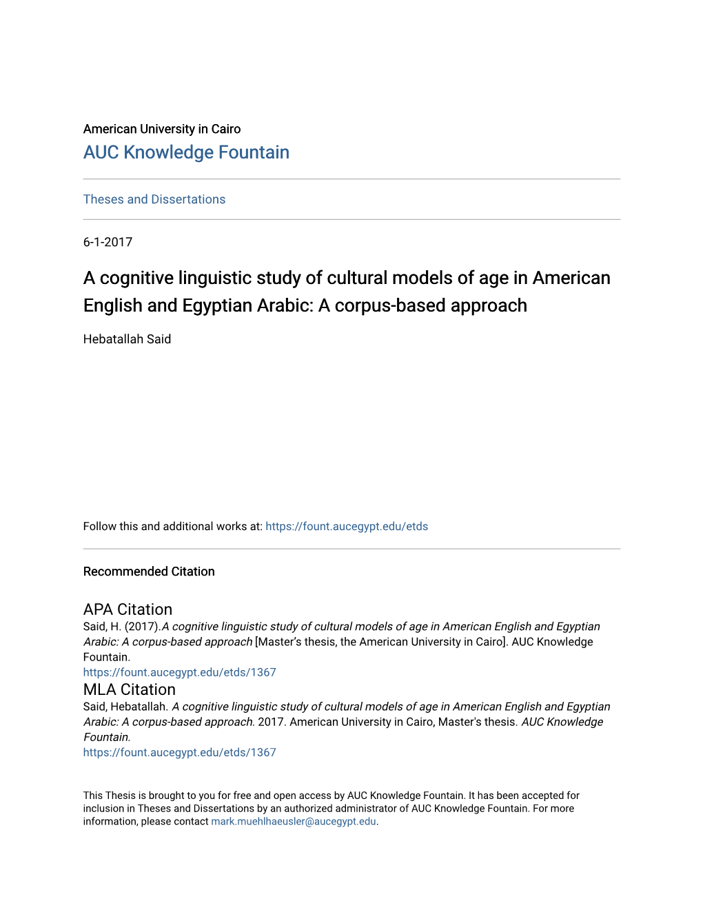 A Cognitive Linguistic Study of Cultural Models of Age in American English and Egyptian Arabic: a Corpus-Based Approach