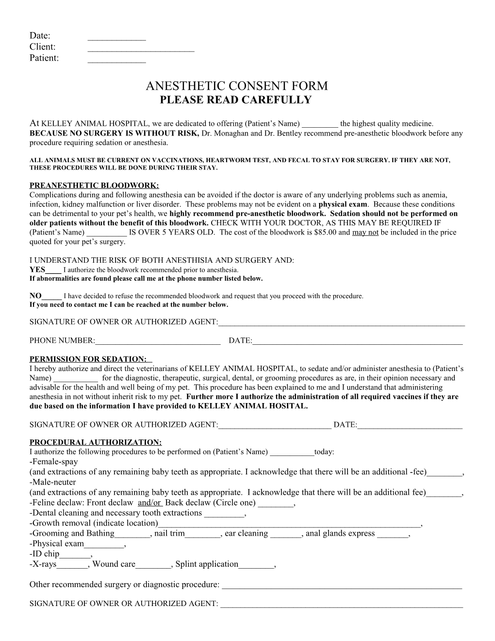 Anesthetic Consent Form