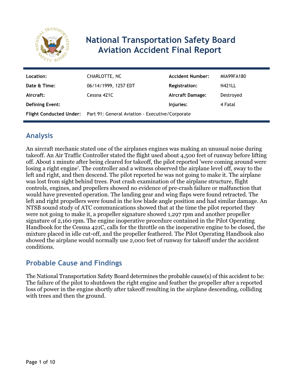 National Transportation Safety Board Aviation Accident Final Report