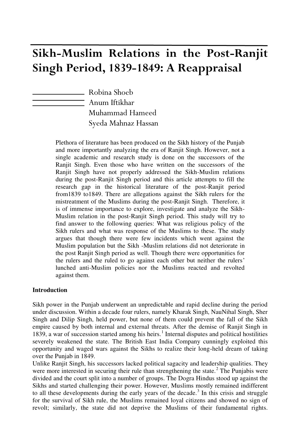 Sikh-Muslim Relations in the Post-Ranjit Singh Period, 1839-1849: a Reappraisal