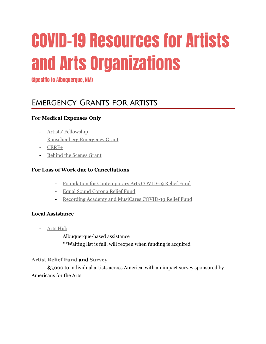 COVID-19 Resources for Artists and Arts Organizations (Specific to Albuquerque, NM)