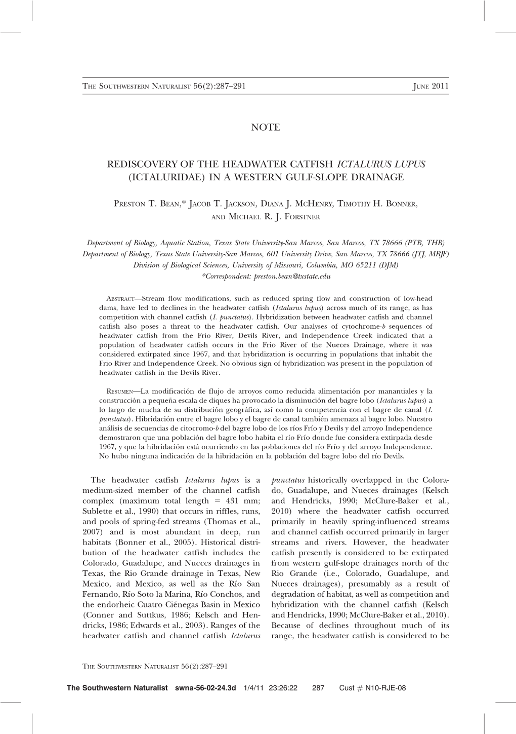 Note Rediscovery of the Headwater Catfish Ictalurus Lupus (Ictaluridae) in a Western Gulf-Slope Drainage